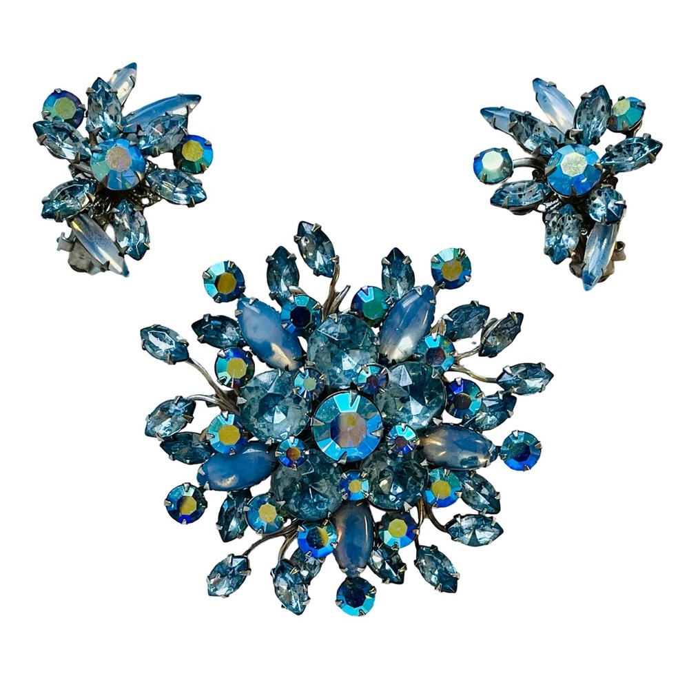 Vintage Signed Beau Jewels Blue And AB Blue Rhinestone Brooch And Clip Earrings